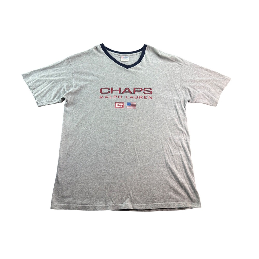 Vintage Chaps Ralph Lauren Mens V Neck T Shirt Gray Red Logo Graphics Size Large